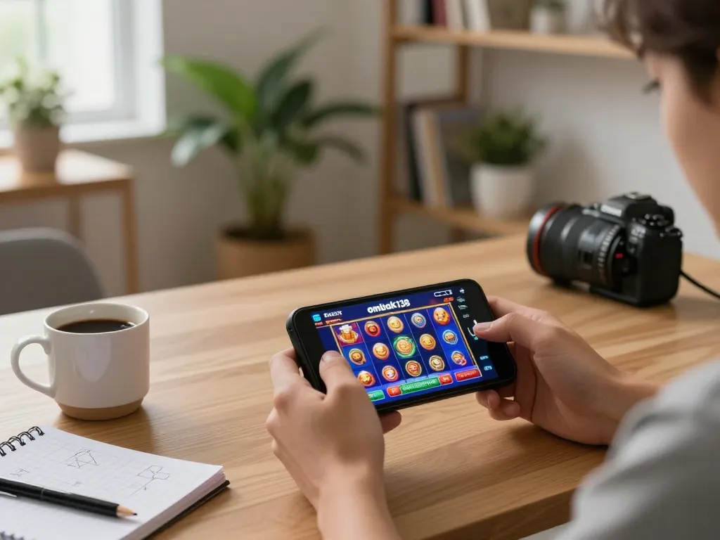 Terlibat dalam permainan mobile ombak138 yang menarik dengan smartphone yang menampilkan permainan slot yang penuh warna.