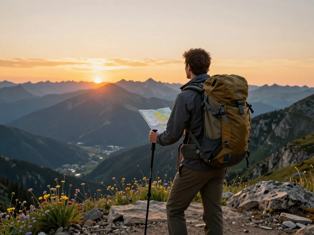 Traveler enjoying the sunset view at a mountain peak with Fly88 gear and equipment, capturing the essence of adventure.