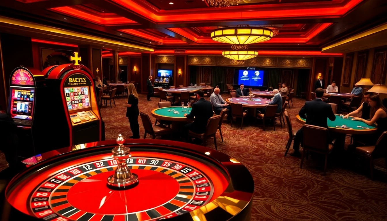 Experience the excitement of gori77 at a luxurious casino with roulette and slot machines.