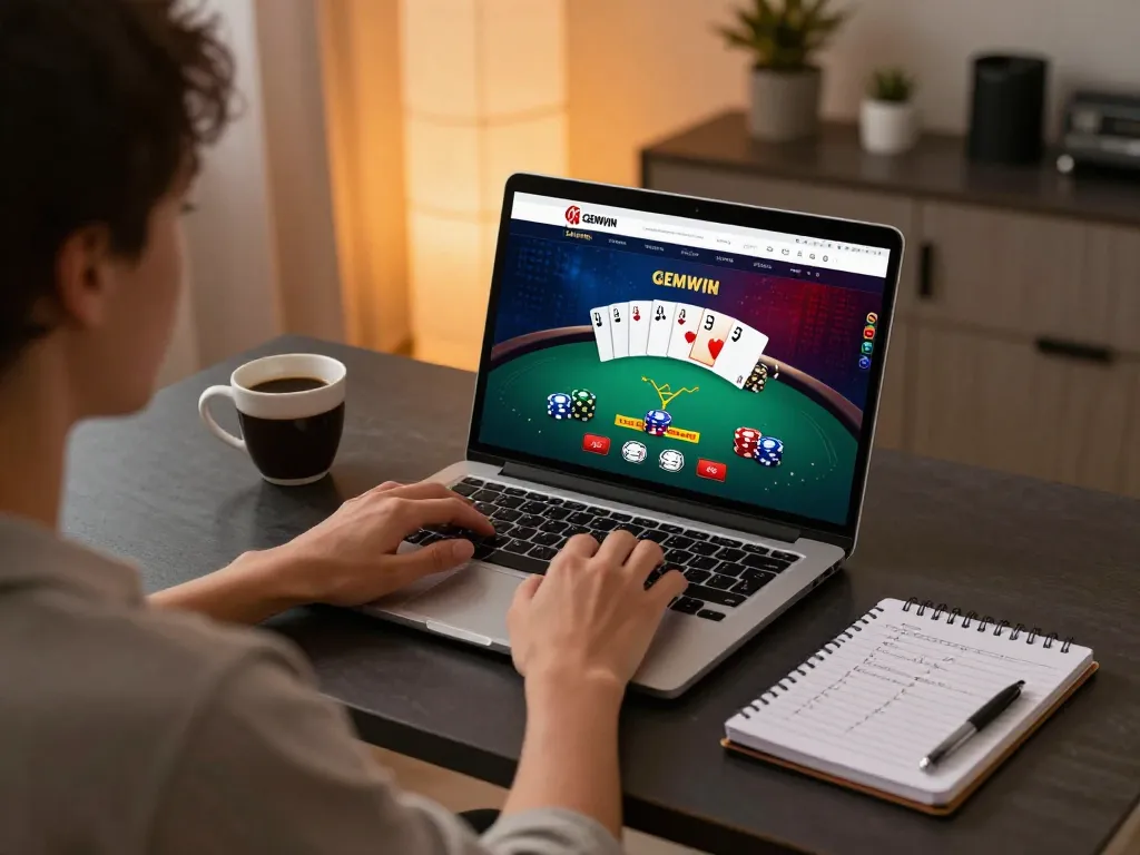 GEMWIN gaming scene showing a player engaging with online poker at home, illustrating strategic betting.