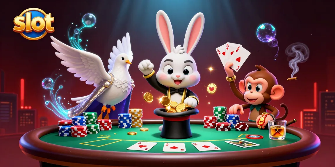 Menangkan slot dengan ilustrasi kelinci penyihir menarik koin emas dan karakter kasino lainnya.