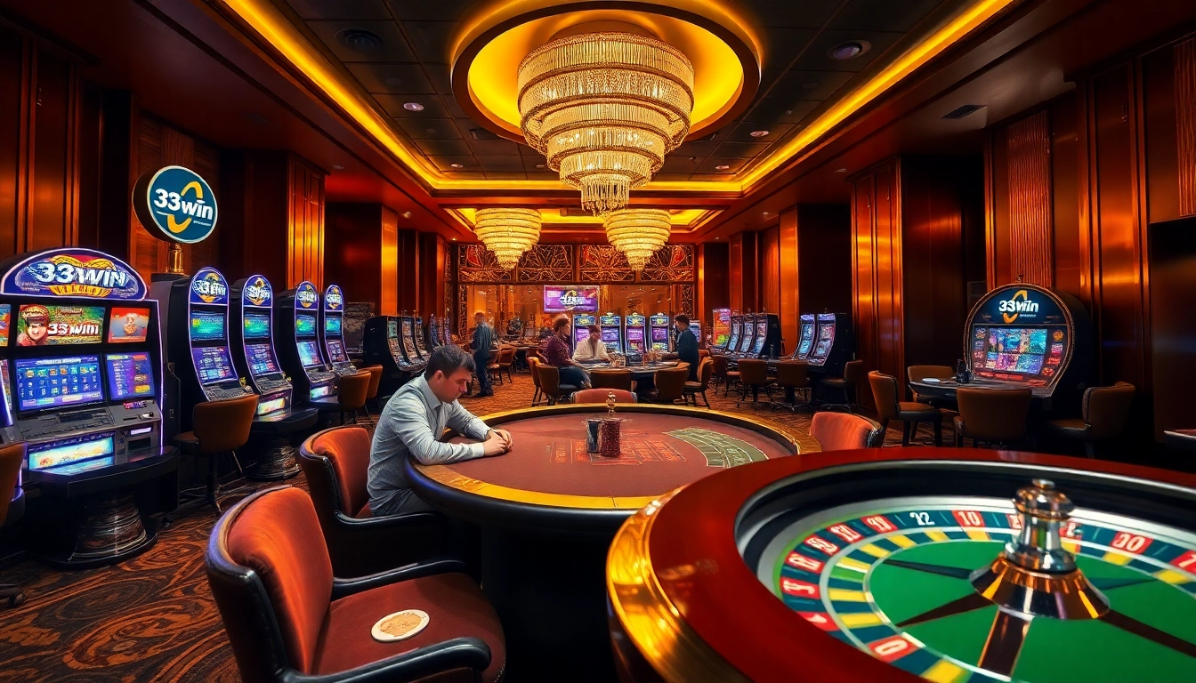 Players enjoying high-stakes games at a luxurious casino with 33win branding.
