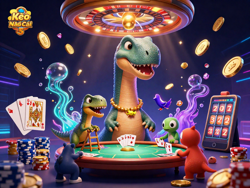 Kèo Nhà Cái 5 showcases a whimsical casino scene featuring a giant brontosaurus with a clever raptor dealer.