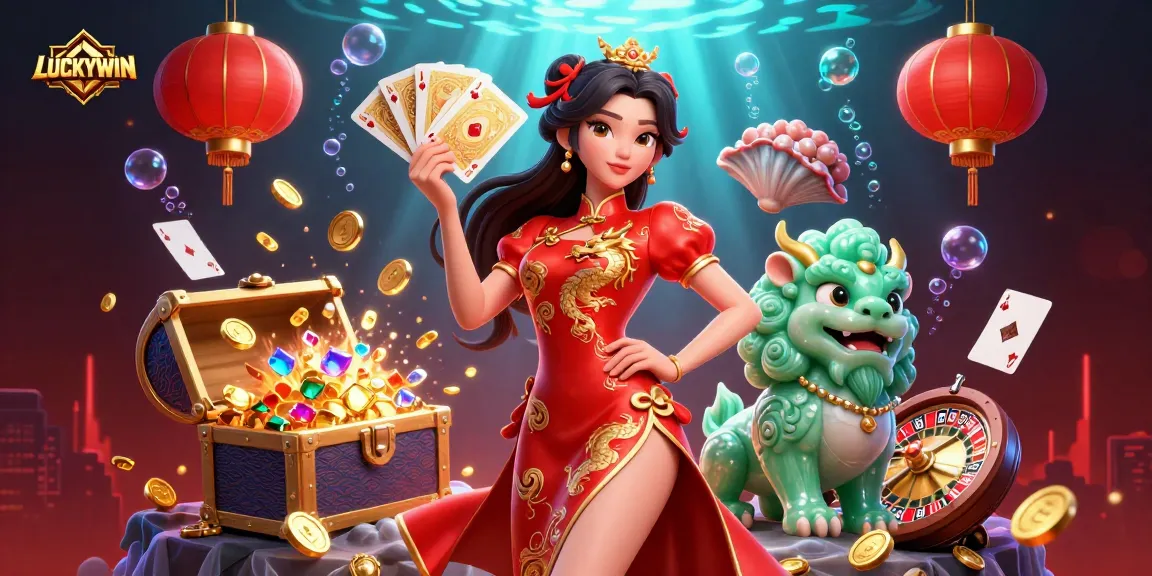 LUCKYWIN showcases vibrant casino action with a woman in a qipao and gaming elements, emphasizing rich scenes.