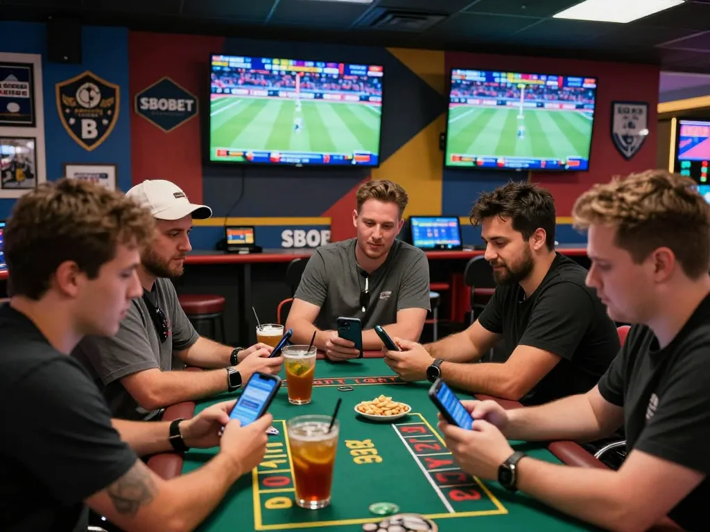 SBOBET betting excitement among friends in a vibrant sportsbook scene.