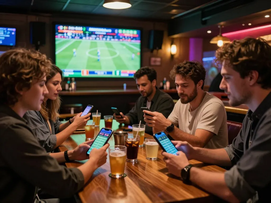Soi Kèo sports betting excitement at a trendy bar with patrons engaged in football match analysis.