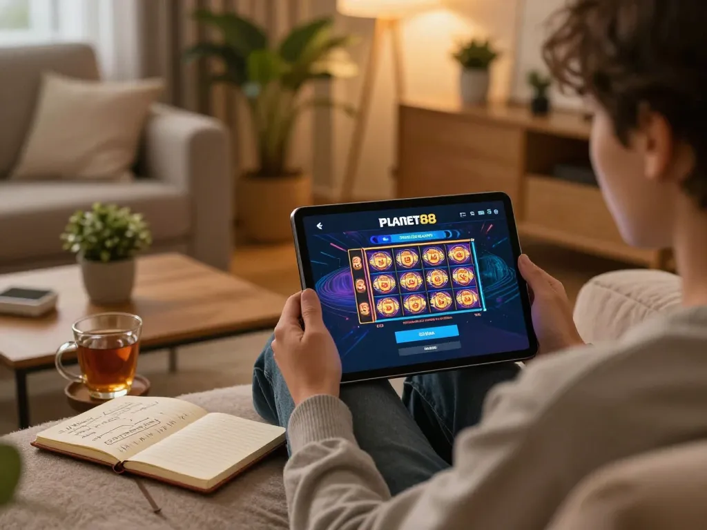 Engaging in online slots with Planet88 login on a tablet, cozy home setup promotes responsible gambling.