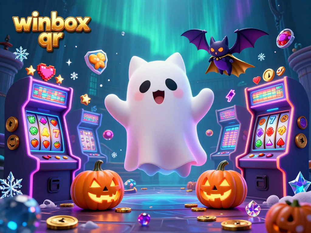 Engage with winbox qr in a dynamic haunted casino scene showcasing ghost cats, arcade machines, and glowing jack-o-lanterns.