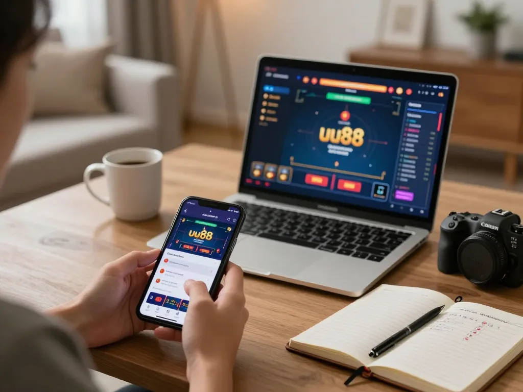 Engaging in mobile gambling using the uu88 app in a cozy home setting, showcasing strategic gameplay.