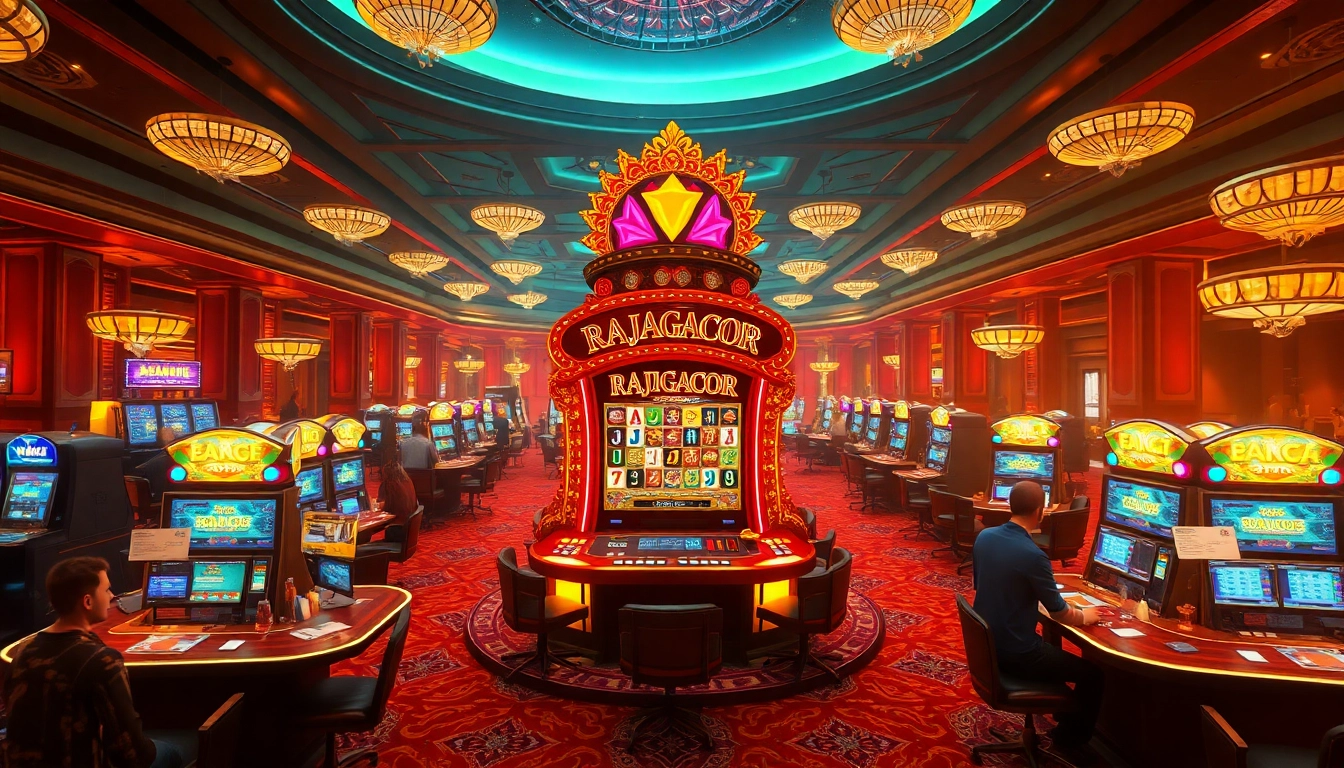 Players enjoying a thrilling moment at the RAJAGACOR slot machine inside a luxury casino.