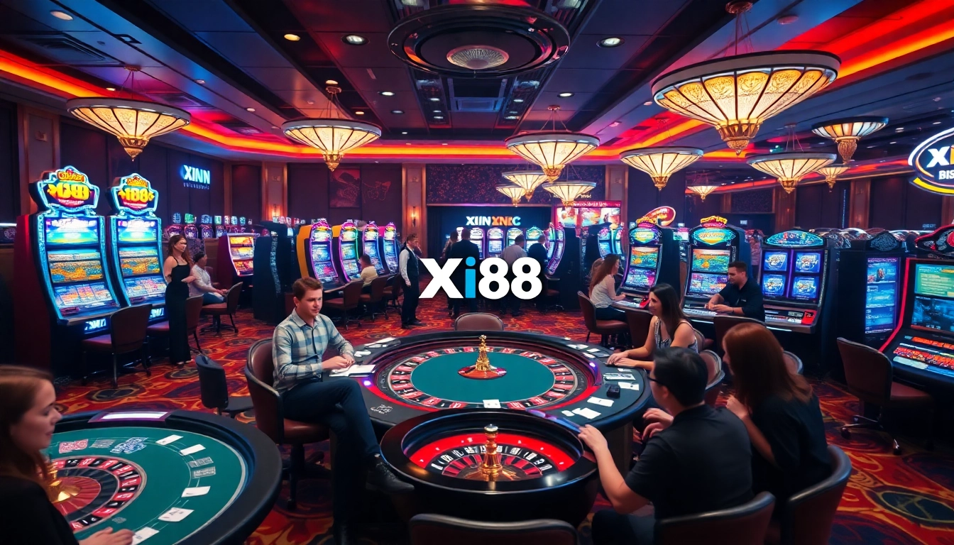 Players enjoying a lively game at Xin88 casino, featuring exciting slot machines and poker tables.
