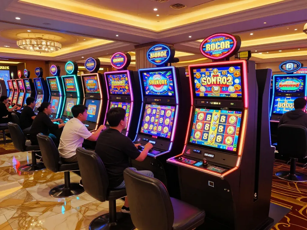 Players engaging with slot gacor machines on a vibrant casino floor, celebrating wins under neon lights.