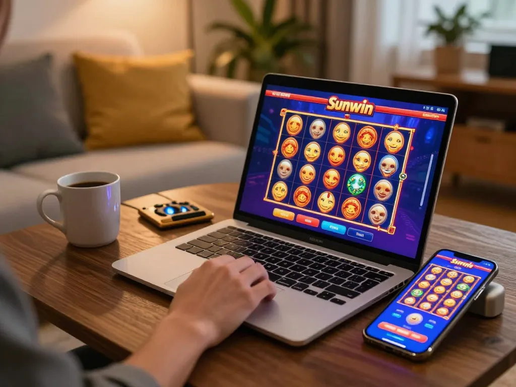 Sunwin online gaming interface displayed on a laptop, emphasizing user engagement in a cozy home setting