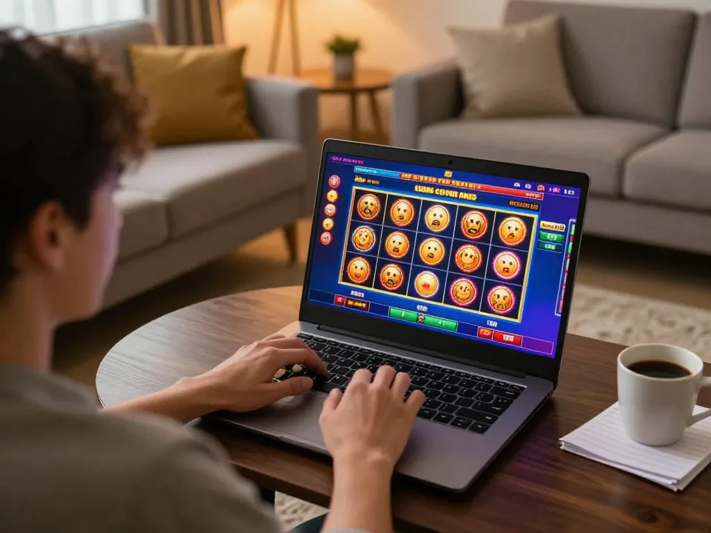Kuwin player enjoying an online slots game in a cozy living room, showcasing engaging home gambling experience.