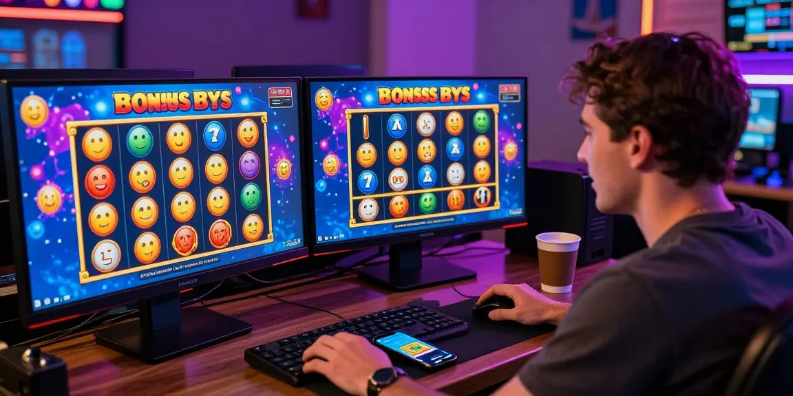 Excited player engaging with cocomaya bonus buy slots on dual monitors in a vibrant gaming setup.
