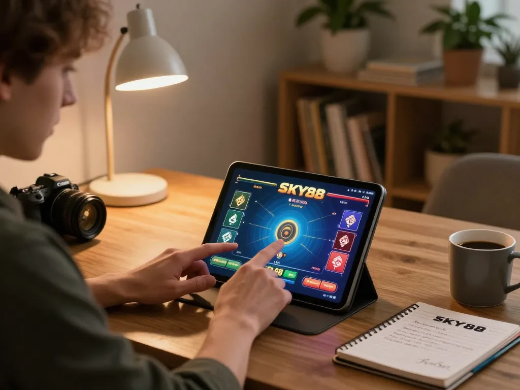 Engaged player enjoying SKY88 game on a tablet with vibrant poker interface at home