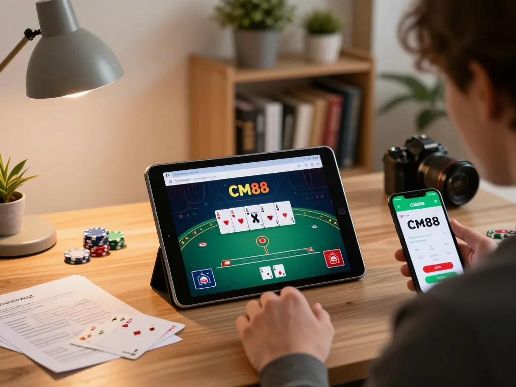 Play CM88 poker online in a cozy home setting with strategic notes and tablet showing game interface