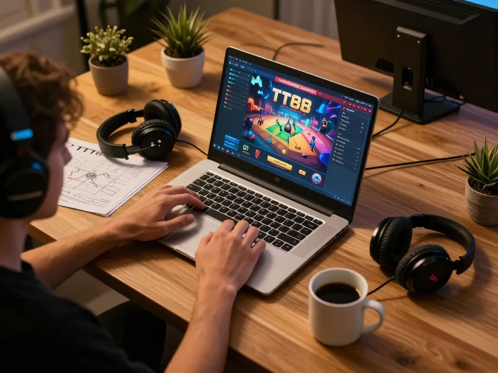 Player enjoying TT88 online gaming experience with strategy notes on a sleek laptop.