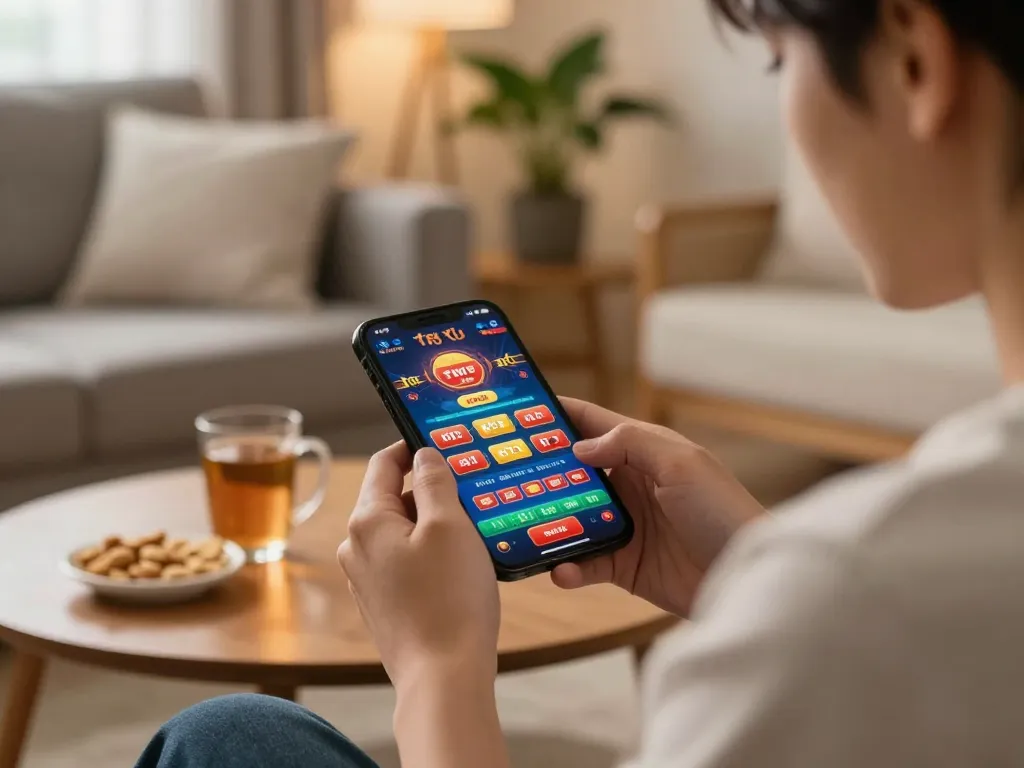 Engaging in a thrilling tài xỉu online game on a smartphone in a cozy living room setting.