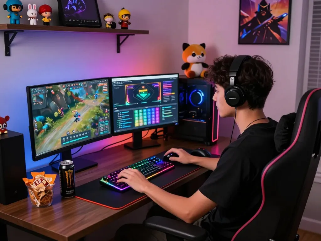 Engaging gaming setup featuring https://fabetz88.com/ with vibrant RGB lighting and dual monitors.