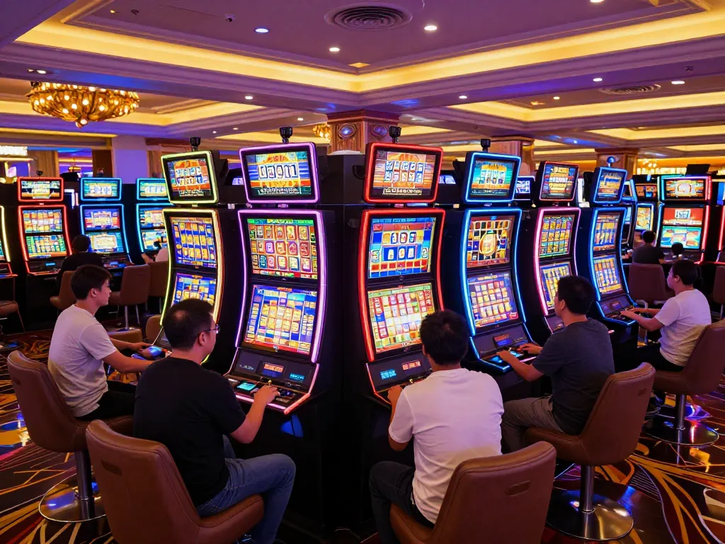 Pemain yang terlibat dengan mesin slot, menyoroti suasana kasino yang semarak dan kegembiraan bermain.