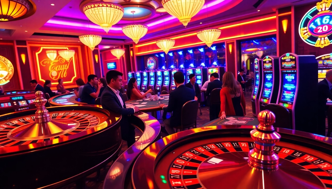 Players enjoying the vibrant atmosphere of a tk88 casino with poker tables and slot machines.