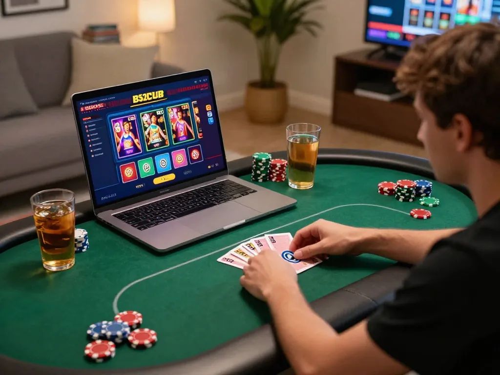 B52CLUB online gaming session with player engaging in poker at home.