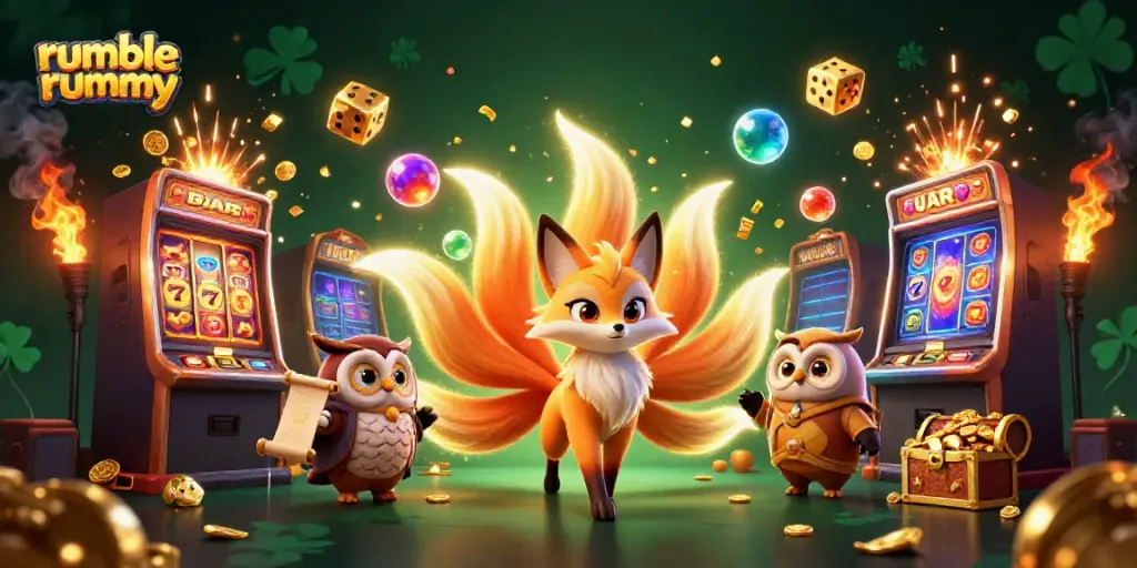 Engaging scene of Rumble Rummy featuring a fox spirit and wise owl amidst slot machines and colorful game elements.