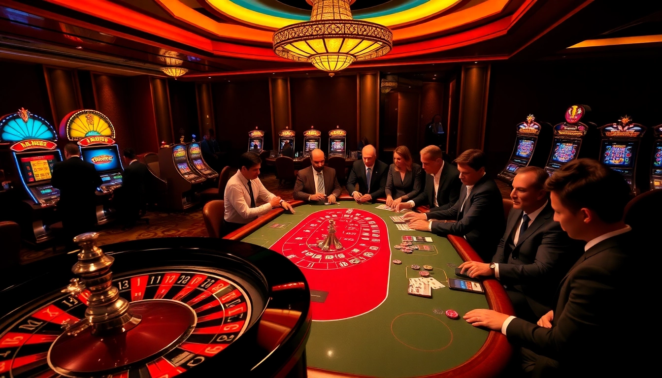 Experience high-stakes action at https://tr88.work/ with a roulette table and poker players immersed in thrill.