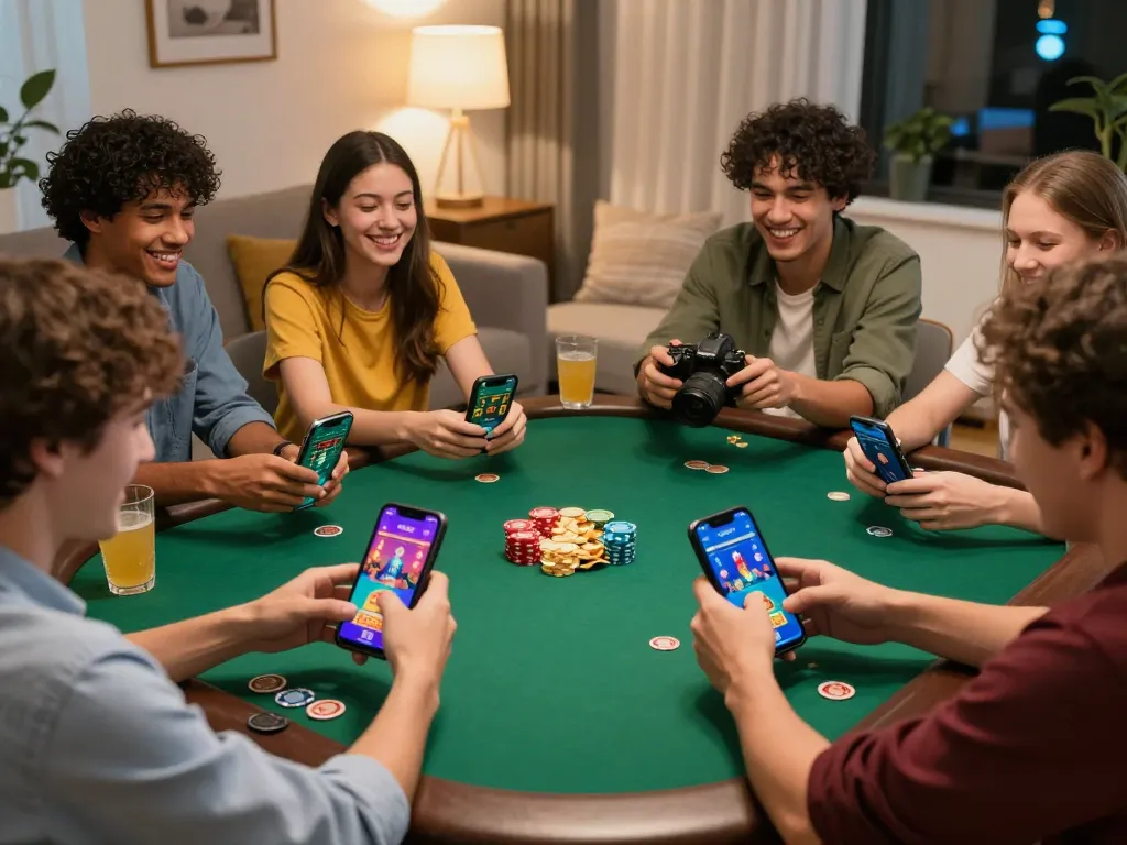 Exciting poker gameplay on f8beta2 mobile app, showcasing friends enjoying a fun gaming night at home.