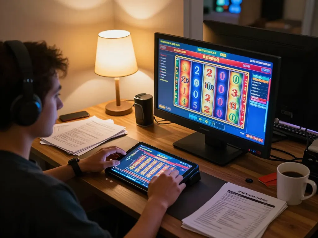 Player enjoying MMOO online slots on tablet, highlighting vibrant gaming interface and strategic notes