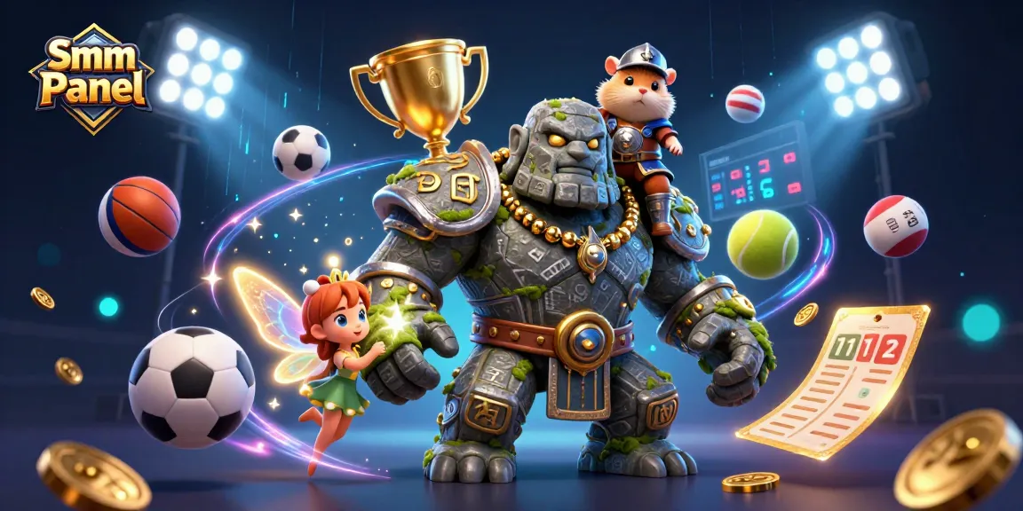 Smm Panel illustration showcasing a golem, fairy, and hamster knight amidst dynamic sports elements and rich magical effects