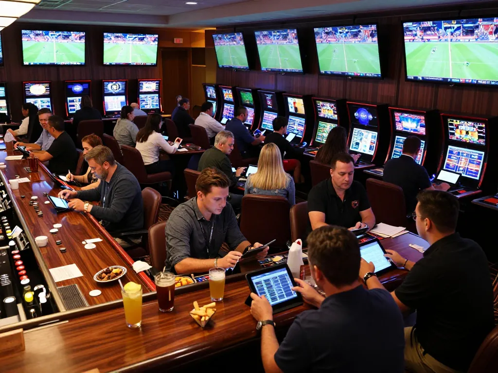Luck8 patrons placing bets at a vibrant sports betting lounge, showcasing live events and interaction