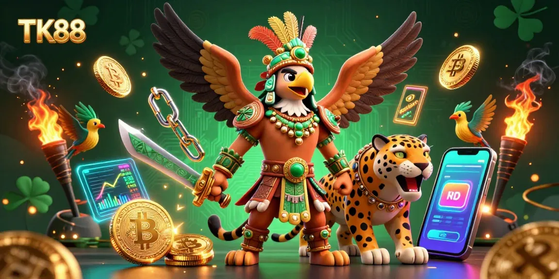 Play thrilling casino games with dazzling TK88 visuals featuring Aztec warriors and glowing crypto elements.