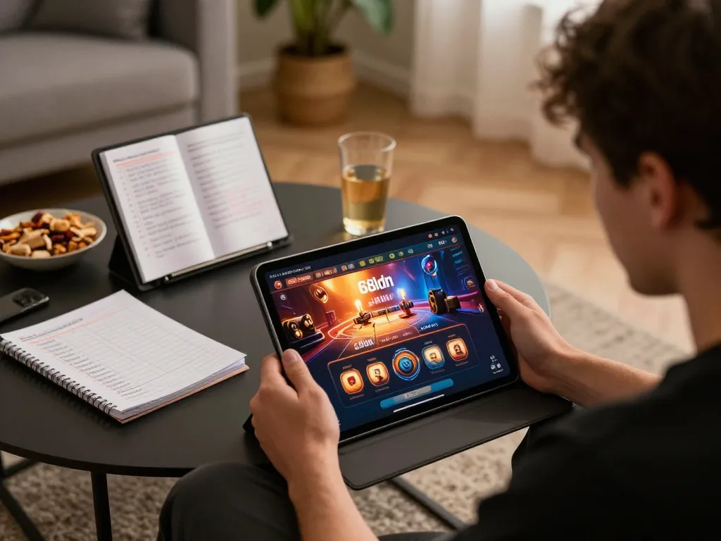 Pemain terlibat dengan aplikasi kasino 68idn di tablet dalam suasana rumah yang nyaman, menunjukkan taruhan strategis