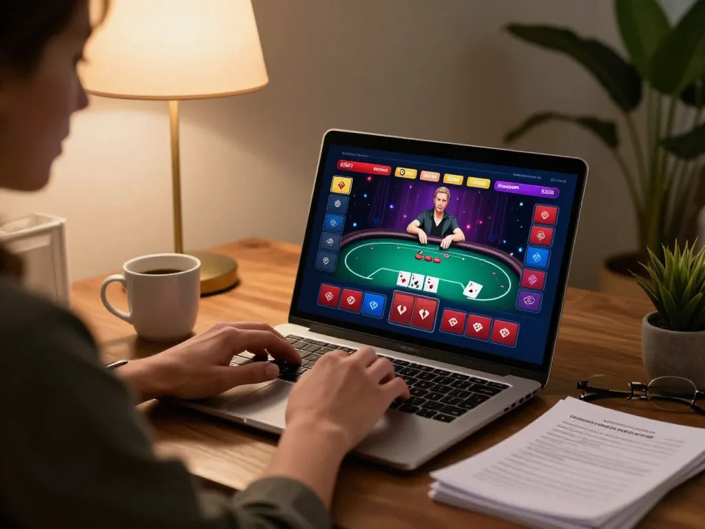 G28 gamer placing bets on a vibrant online poker interface at home, showcasing engaged gameplay.