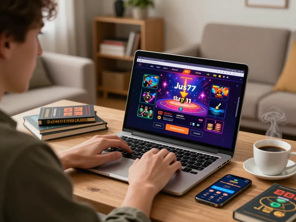 Engaged player exploring the Jus77 online casino platform on laptop with vibrant graphics.
