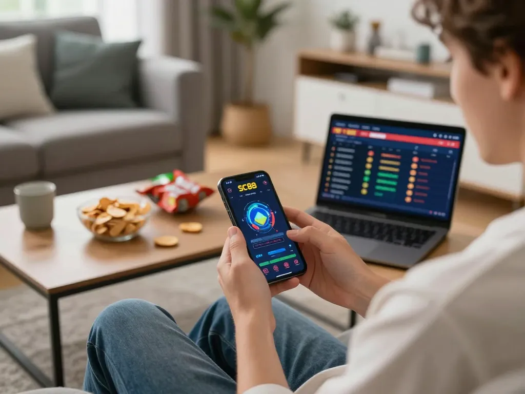 Engaging user playing SC88 Game on smartphone, showcasing an inviting home gaming setup.