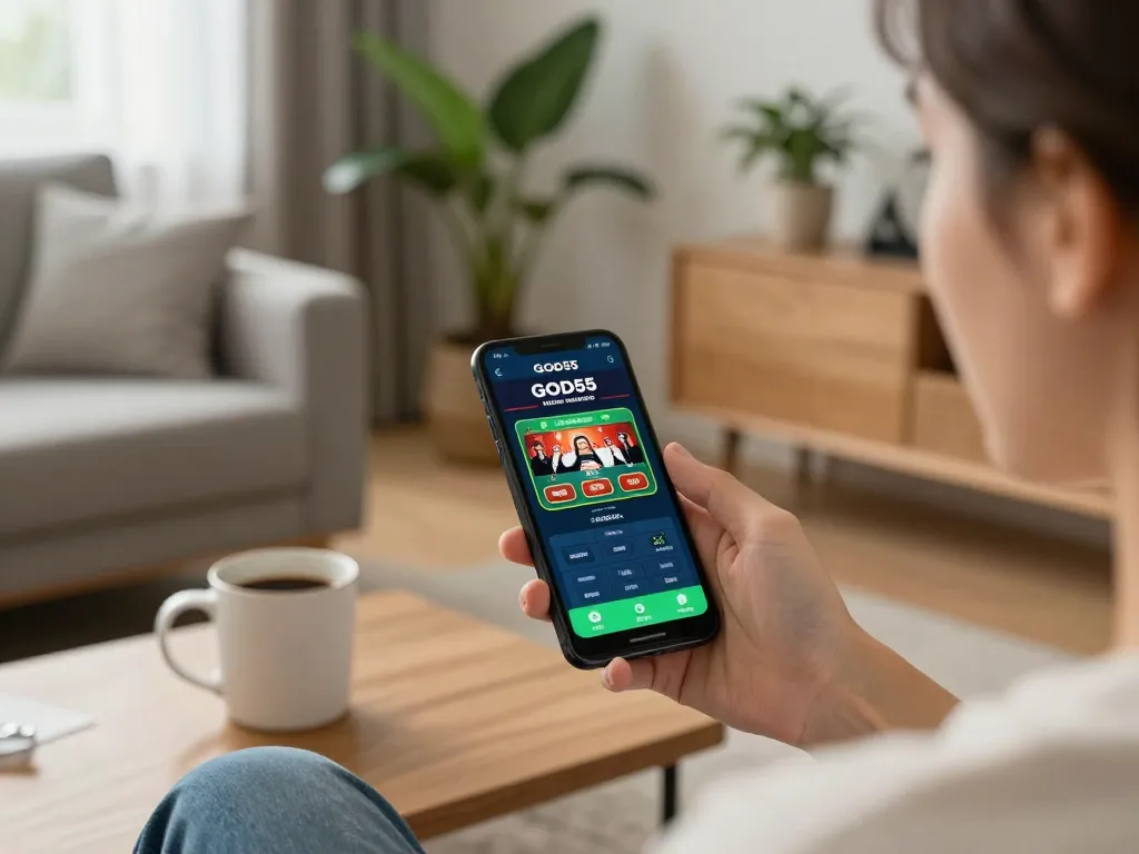 Enjoying a seamless mobile gaming experience on the God55 app while relaxing at home.