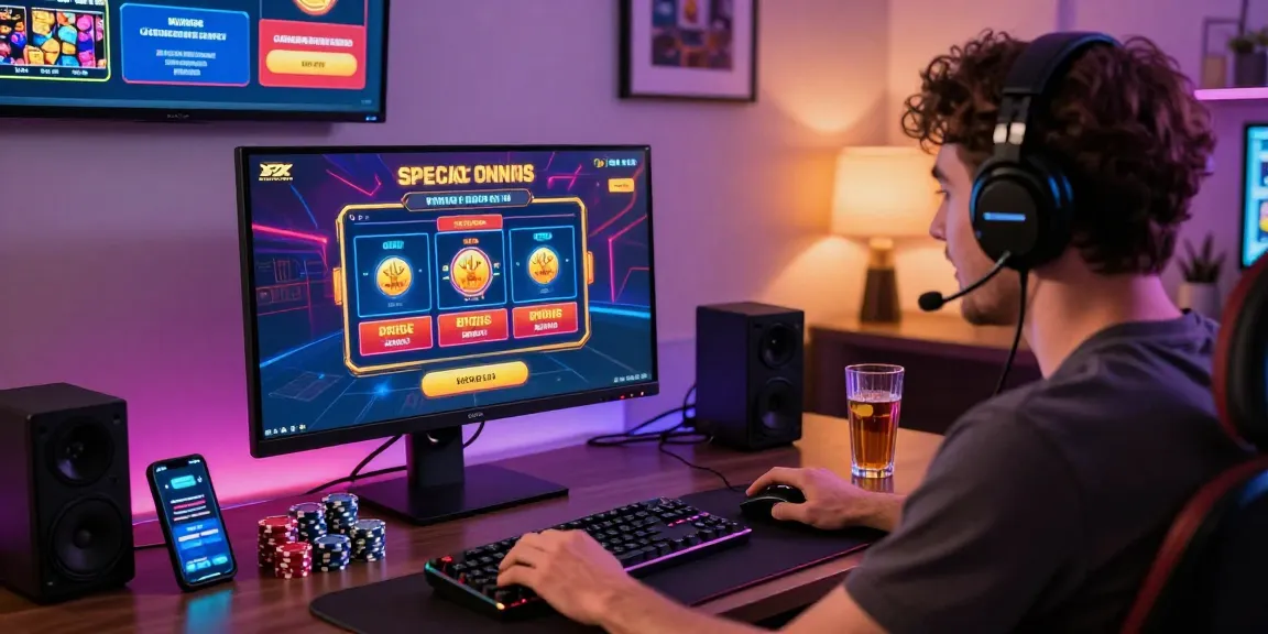 Engaging player at a credit card casino enjoying vibrant game bonuses at https://eatm.org.uk/ in a lively home office setup.