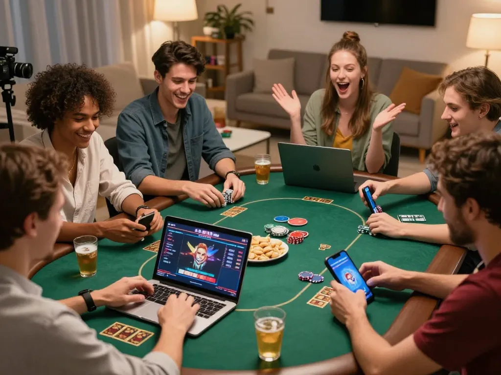 Friends enjoying an online poker game at home on their laptops with 100VIP atmosphere.