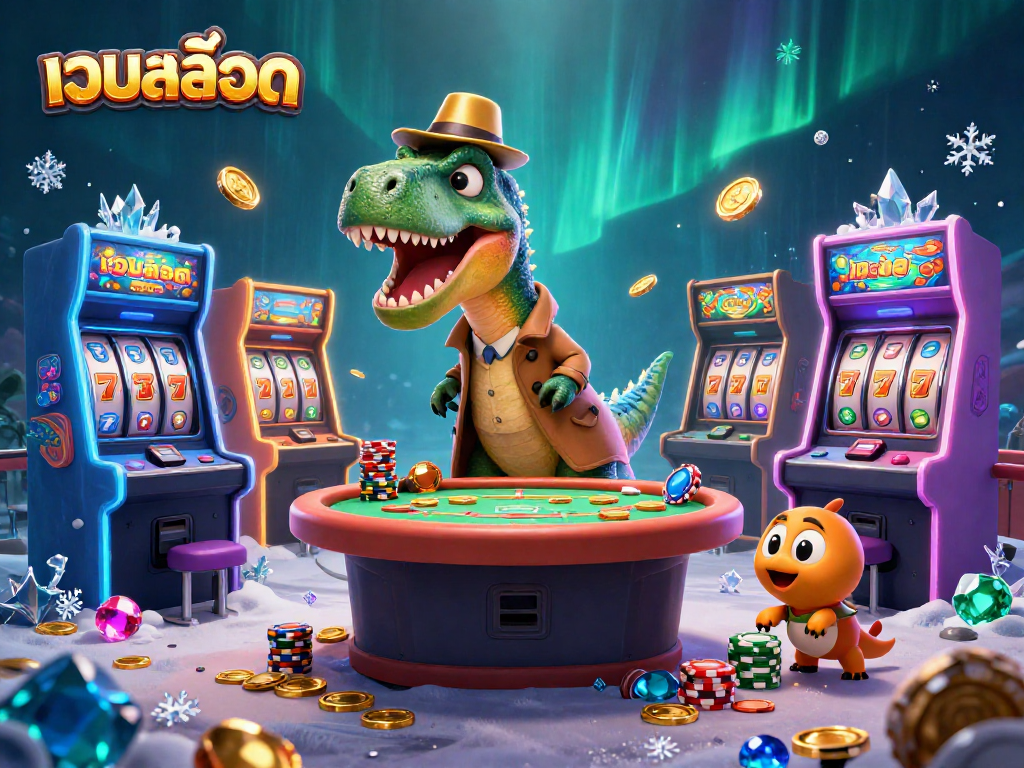 Play exciting เว็บสล็อต games as the velociraptor counters cards at a lively casino setup.