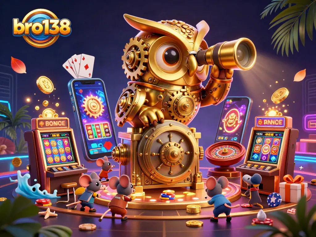 Experience bro138's captivating casino world with a golden owl, slot machines, and vibrant game elements.