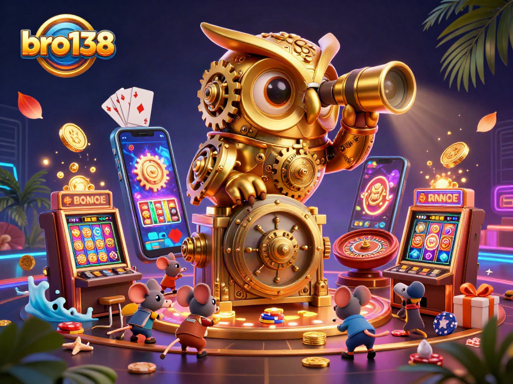 Experience bro138's captivating casino world with a golden owl, slot machines, and vibrant game elements.