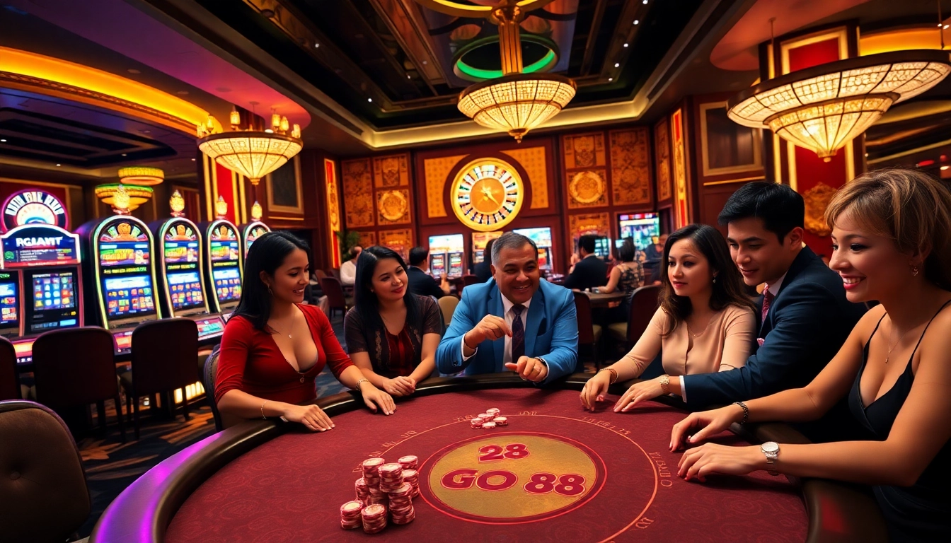 Engaged players strategizing at the GO 88 casino table with vibrant chips and slot machines.