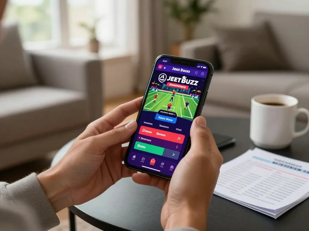 User engaging with Jeetbuzz Download App on smartphone for sports betting in a cozy home setting