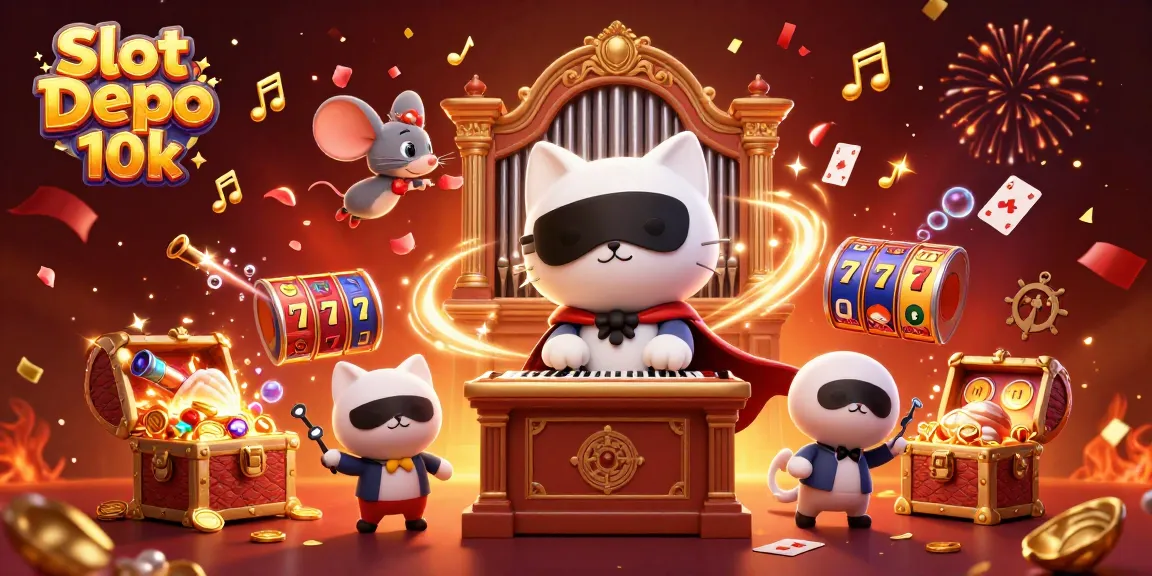 Engage in Slot Depo 10k with captivating visuals of a whimsical casino scene featuring playful characters.