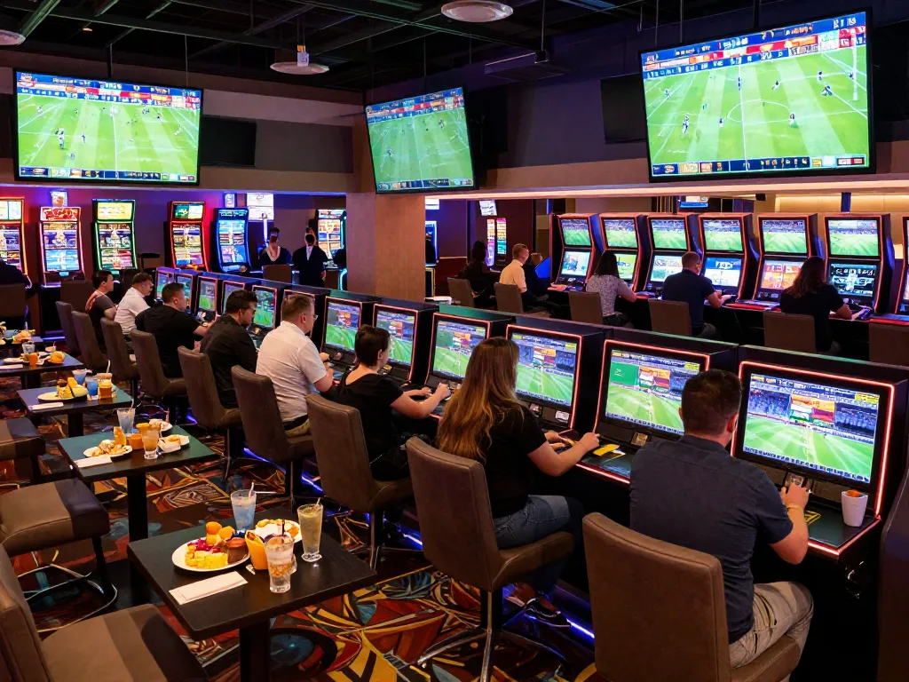 Betting atmosphere at 28Bet with sports enthusiasts placing wagers in a lively casino setting