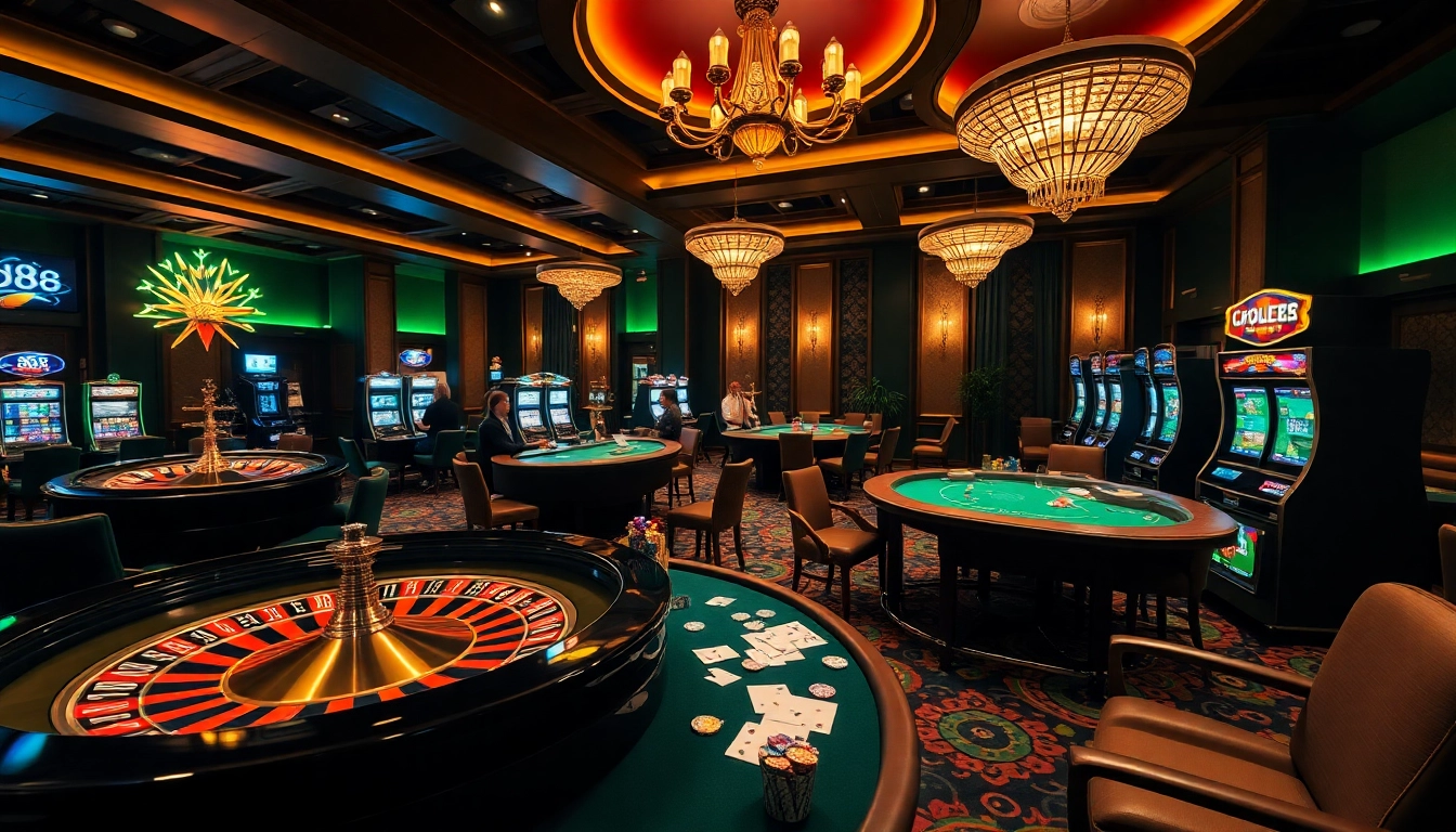 Play thrilling games at Good88k.co with a vibrant casino atmosphere featuring slot machines and poker tables.