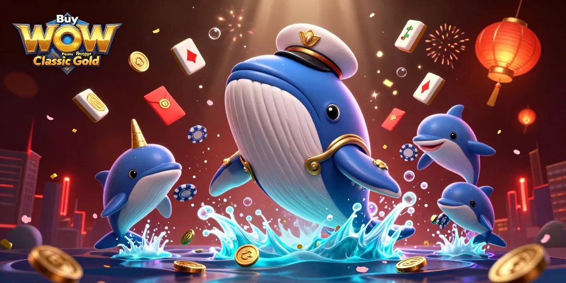 Buy WoW Titan Reforged Classic Gold with a playful scene of a whale, narwhal, and dolphins in a vibrant casino setting